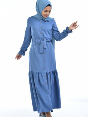 Sefamerve İndigo Boydan Düğmali Büzgülü Elbise