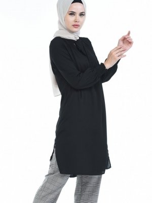 Sefamerve Siyah Kravat Yaka Tunik