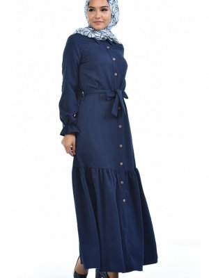 Sefamerve Lacivert Boydan Düğmali Büzgülü Elbise