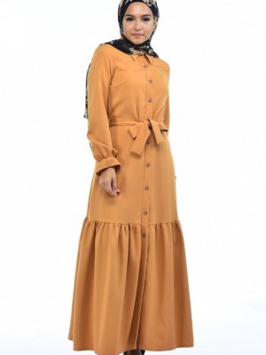 Sefamerve Hardal Boydan Düğmali Büzgülü Elbise