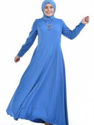 Sefamerve Mavi Büyük Beden Kolyeli Elbise