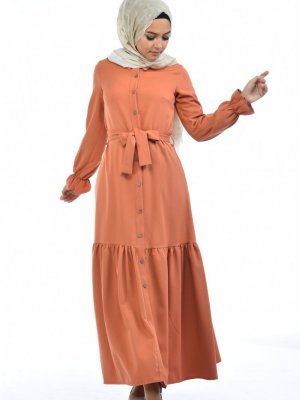 Sefamerve Turuncu Boydan Düğmali Büzgülü Elbise