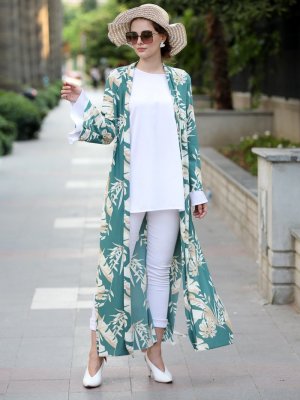 Selma Sarı Design Mint Taş Rengi Uzun Kimono Ceket