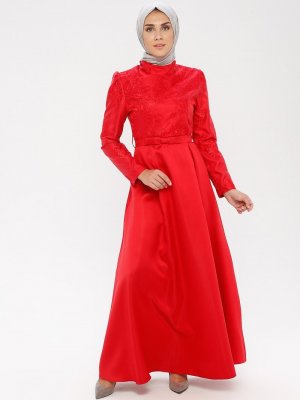 MISSVALLE Kırmızı Dantel Detaylı Abiye Elbise