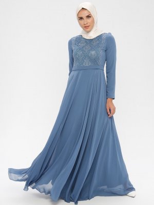 MISSVALLE Mavi Dantel Detaylı Şifon Abiye Elbise