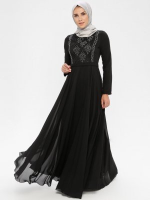 MISSVALLE Siyah Dantel Detaylı Şifon Abiye Elbise