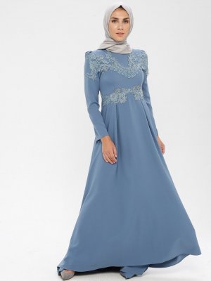 MISSVALLE Mavi Dantel Detaylı Abiye Elbise