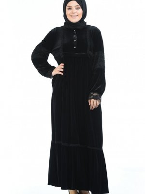 Sefamerve Siyah Büyük Beden Taş Baskılı Kadife Elbise