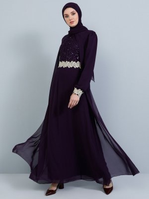 Tavin Mor Güpür Detaylı Şifon Abiye Elbise