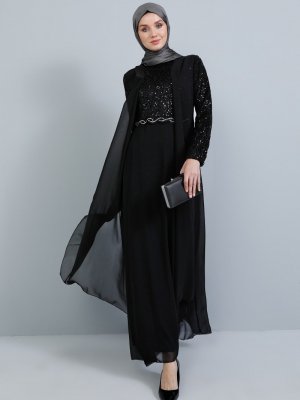 Tavin Siyah Dantel Detaylı Şifon Abiye Elbise