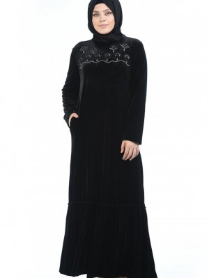 Sefamerve Siyah Büyük Beden Taşlı Kadife Elbise