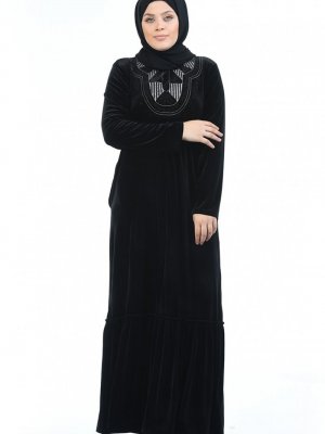 Sefamerve Siyah Büyük Beden Nakışlı Kadife Elbise