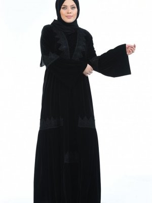 Sefamerve Siyah Büyük Beden Dantelli Kadife Elbise