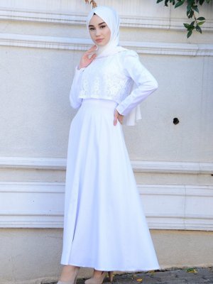 Sefamerve Beyaz Dantel Detaylı Abiye Elbise