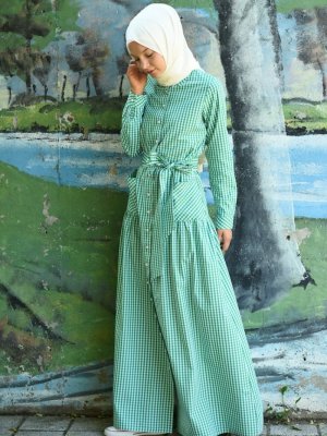 Sefamerve Yeşil Kareli Kuşaklı Elbise