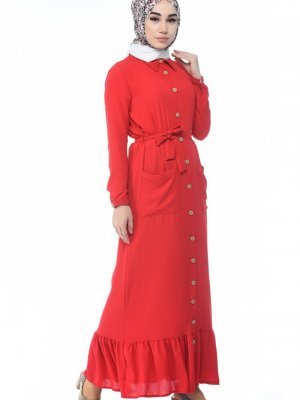 Sefamerve Kırmızı Boydan Düğmeli Elbise