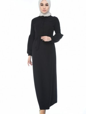 Sefamerve Siyah Düğmeli Kuşaklı Elbise