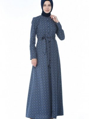 Sefamerve Lacivert Boydan Düğmeli Pamuklu Elbise