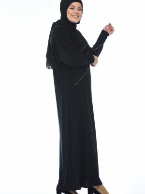 Sefamerve Siyah Büyük Beden Taş Baskılı Elbise