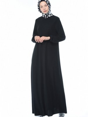 Sefamerve Siyah Kolu Lastikli Kadife Elbise
