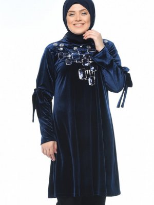 Sefamerve Lacivert Büyük Beden Kadife Tunik