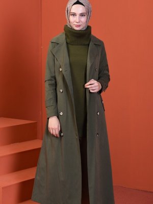 Sefamerve Haki Düğmeli Uzun Trençkot