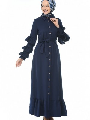 Sefamerve Lacivert Boydan Düğmeli Büzgülü Elbise