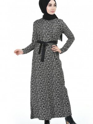 Sefamerve Siyah Deri Detaylı Kışlık Elbise