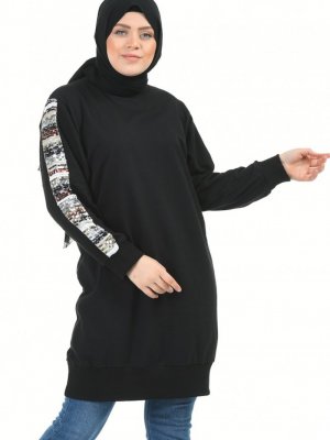 Sefamerve Siyah Büyük Beden Payet Detaylı Sweatshirt