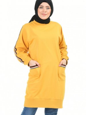 Sefamerve Sarı Büyük Beden Şerit Detaylı Sweatshirt