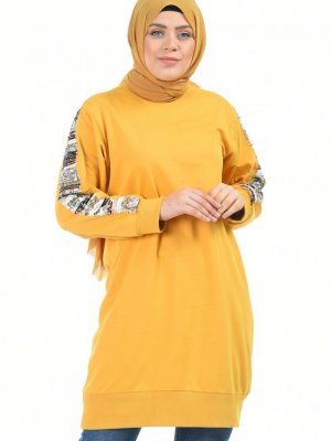Sefamerve Sarı Büyük Beden Payet Detaylı Sweatshirt