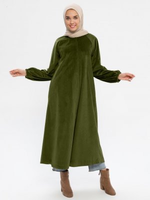 Panaline Haki Boydan Çıtçıtlı Kadife Tunik Elbise