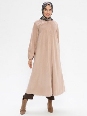 Panaline Taş Boydan Çıtçıtlı Kadife Tunik Elbise