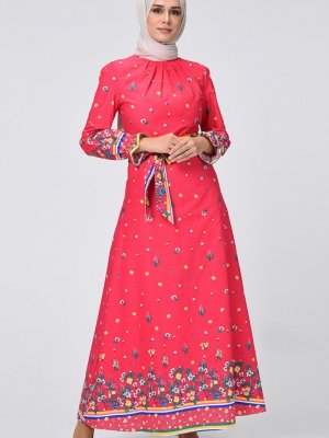 Sefamerve Mercan Desenli Kuşaklı Elbise