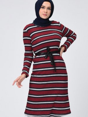 Sefamerve Bordo Deri Kemerli Triko Tunik