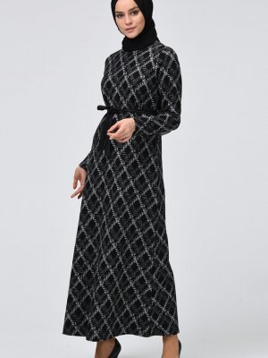 Sefamerve Siyah Desenli Kışlık Elbise