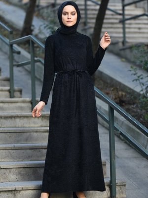 Sefamerve Siyah Kadife Beli Büzgülü Elbise