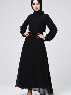 Sefamerve Siyah Kuşaklı Şifon Elbise