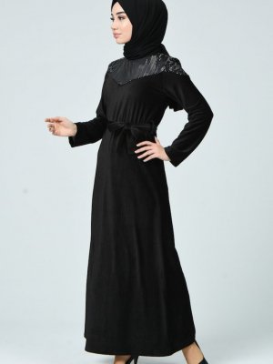 Sefamerve Siyah Pullu Kadife Elbise