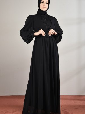 Sefamerve Siyah Dantel Detaylı Şifon Abiye Elbise