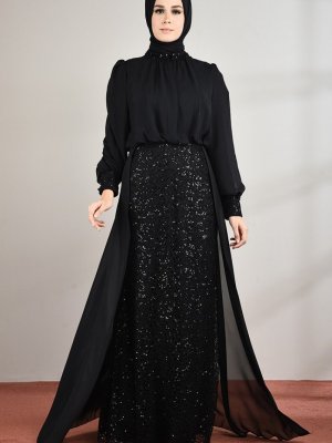 Sefamerve Siyah Payetli Abiye Elbise