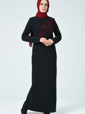 Sefamerve Siyah Nakışlı Elbise