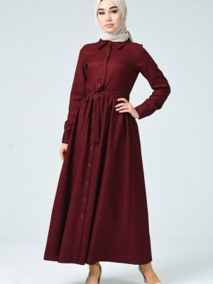 Sefamerve Bordo Boydan Düğmeli Kışlık Elbise