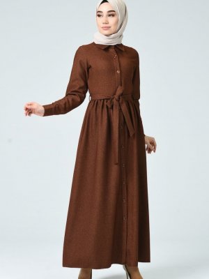 Sefamerve Kahverengi Boydan Düğmeli Kışlık Elbise