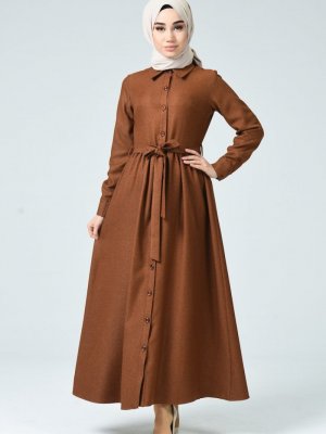 Sefamerve Taba Boydan Düğmeli Kışlık Elbise