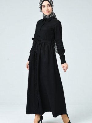 Sefamerve Siyah Boydan Düğmeli Kışlık Elbise