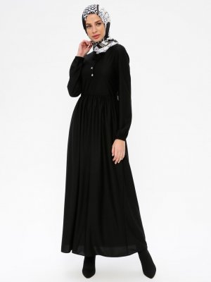 ECESUN Siyah Belden Büzgülü Elbise
