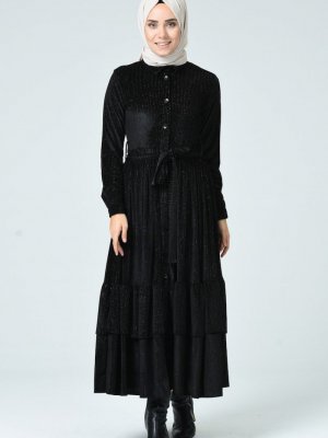 Sefamerve Siyah Simli Boydan Düğmeli Elbise