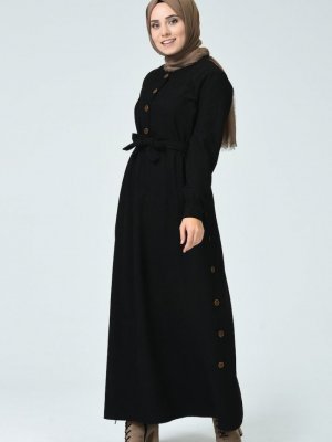 Sefamerve Siyah Düğme Detaylı Kuşaklı Elbise
