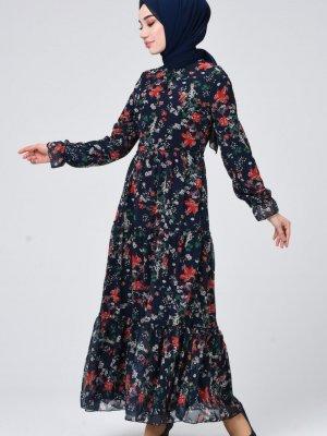 Sefamerve Lacivert Çiçek Desenli Şifon Elbise